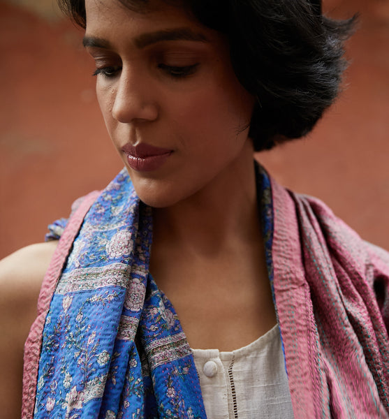 Hand embroidered Kantha sari silk Scarf/shawl