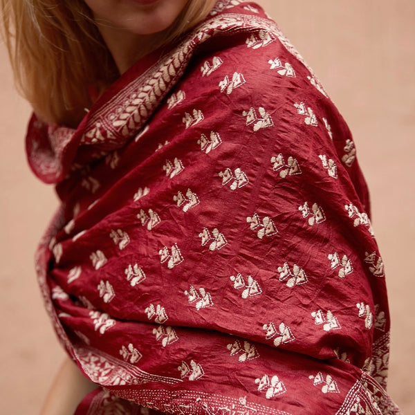 Tussar Hand Embroidered Silk in Ruby Red 